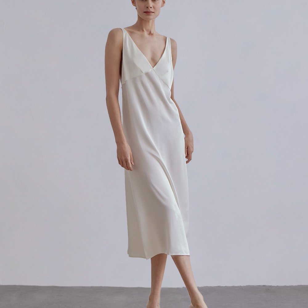 SILK MAISON - Low Back V-Neck Silk Maxi Slip, Size M, in Ivory
